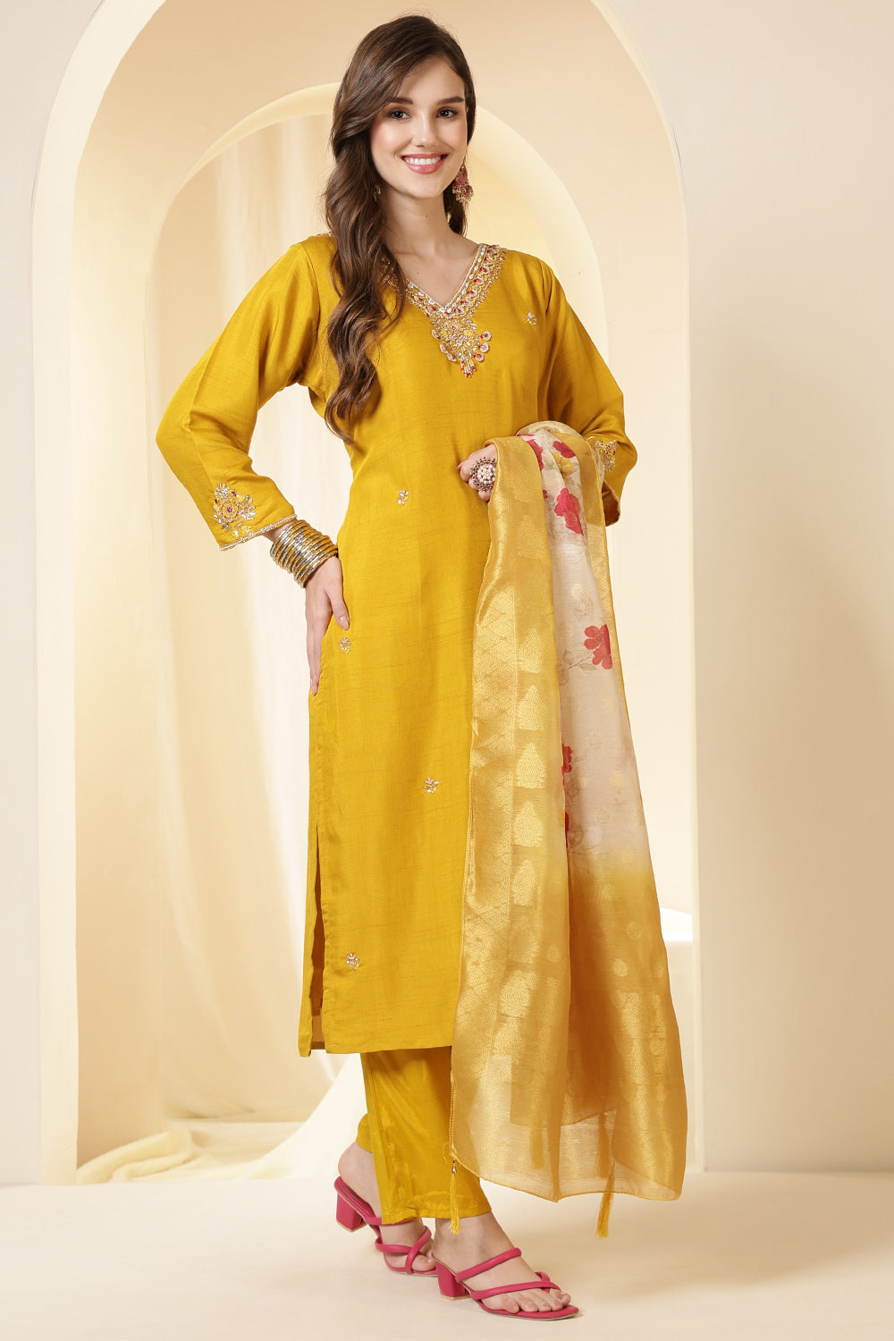 Mustard Color Silk Suit Set With Neck Embroidered & Floral Printed Dupatta