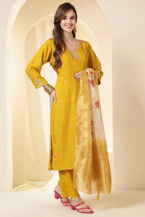 Mustard Color Silk Suit Set With Neck Embroidered & Floral Printed Dupatta