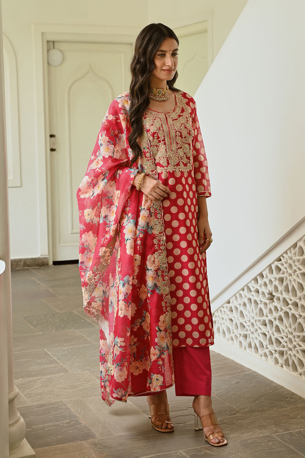 Fuchsia Pink Color Chanderi Printed Suit