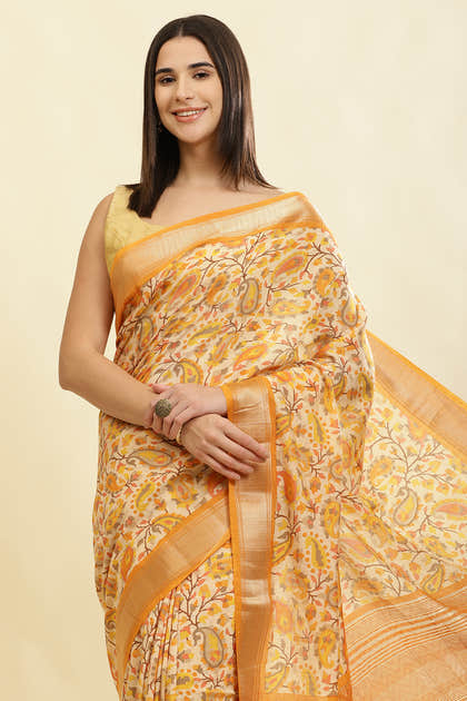 Mustard & Beige Cotton Silk Floral Boota Printed Saree