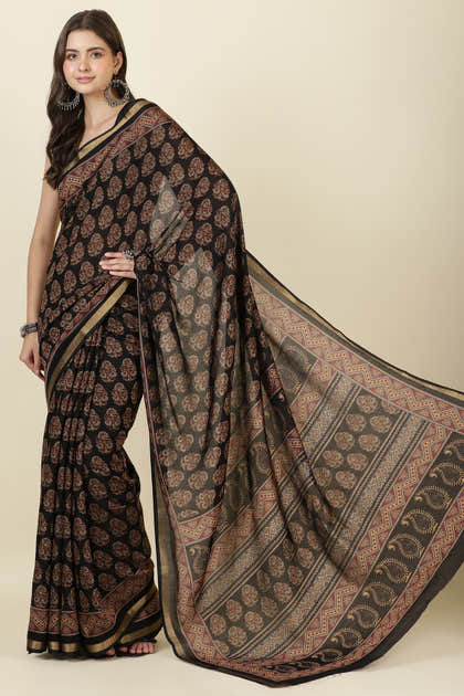 Black Block Printed Cotton Saree