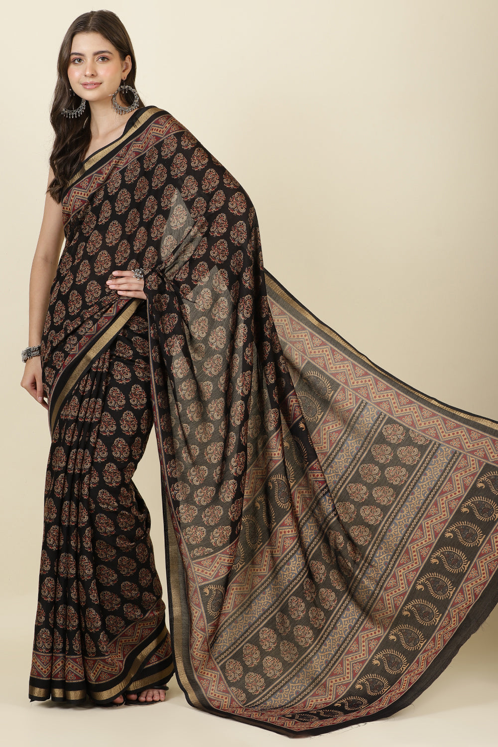 Black Block Printed Cotton Saree