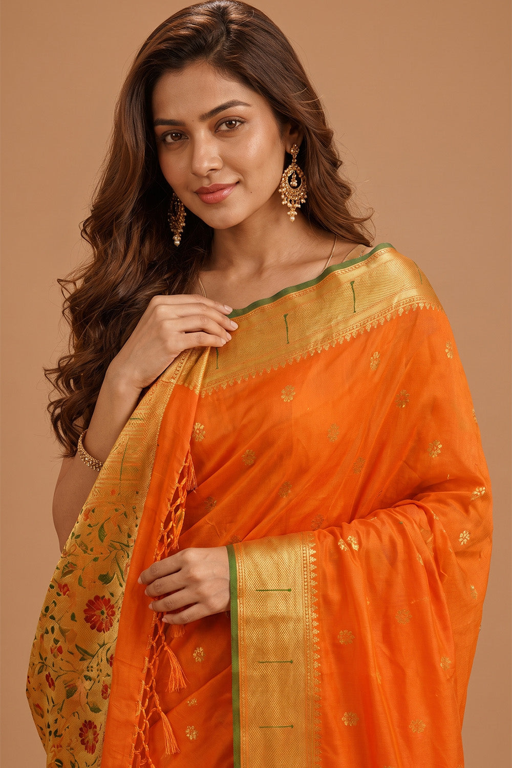 Mustard South Silk Paithani Work Saree