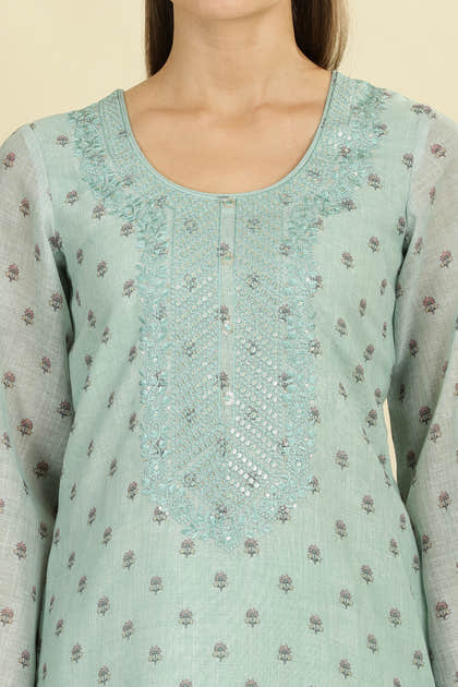 Mint Green Cotton Floral Printed And Neck-EmborideredUnstitched Suit Material