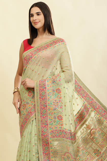 Pista Green Chanderi Cotton kashida Weaves Saree