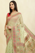 Pista Green Chanderi Cotton kashida Weaves Saree