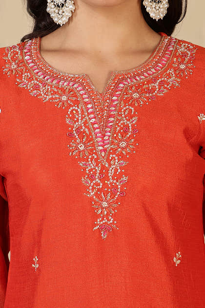 Rust Crepe Silk Neck Embroidered Suit