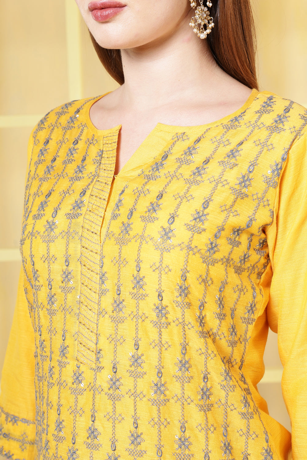 Mustard Chanderi Cotton Resham Embroidered Suit
