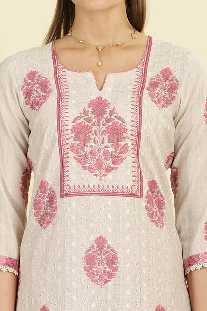 Cream & Pink  Chanderi Cotton Hacoba Style & Floral Printed Unstitched Suit Material