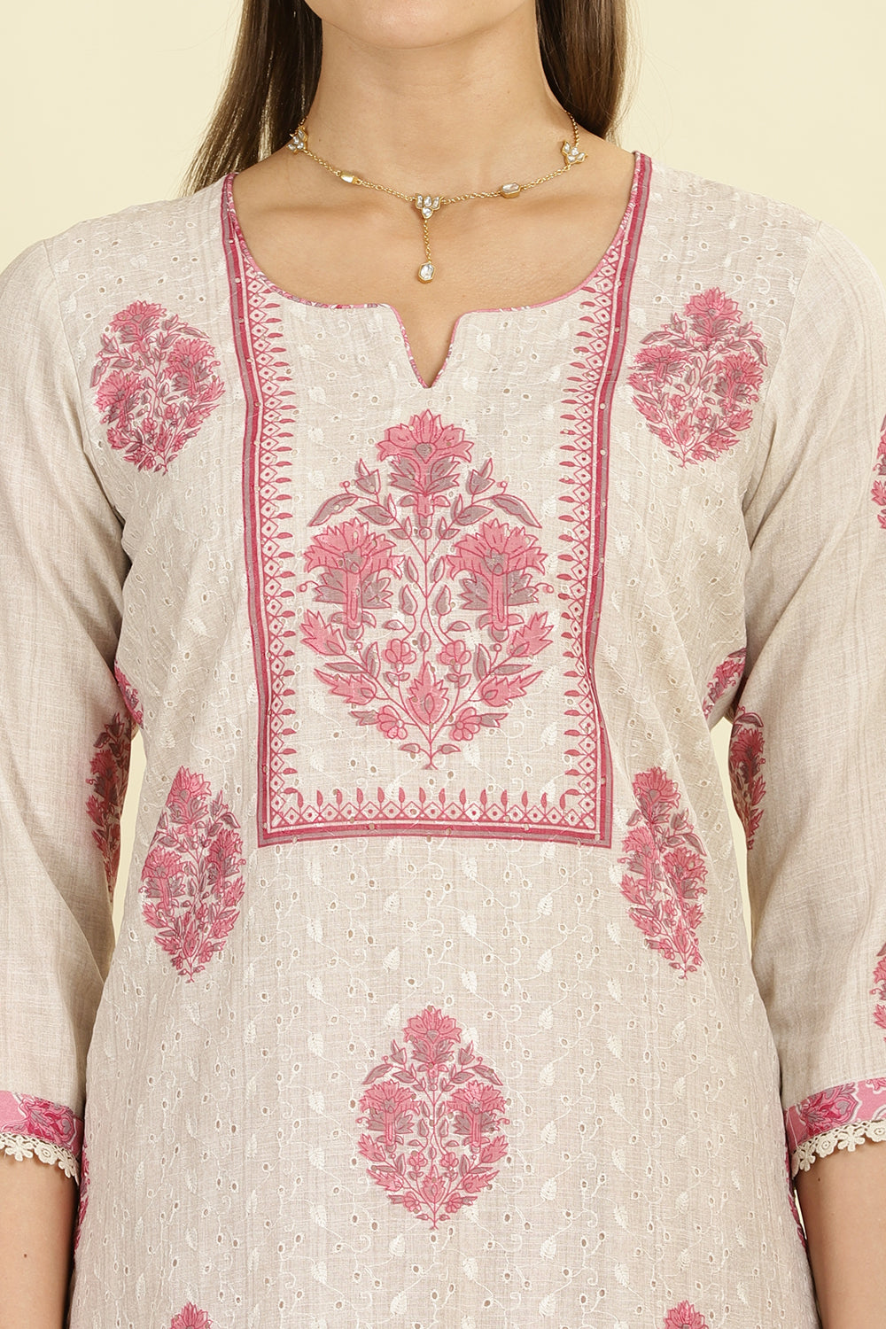 Cream & Pink  Chanderi Cotton Hacoba Style & Floral Printed Unstitched Suit Material