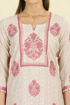 Cream & Pink  Chanderi Cotton Hacoba Style & Floral Printed Unstitched Suit Material