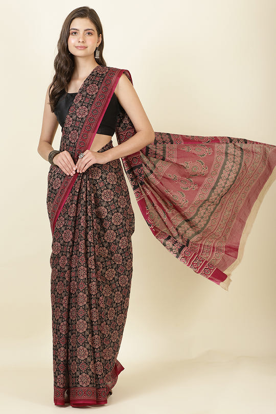 Black & Wine Cotton Floral Printed Saree