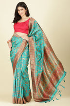 Teal Silk Madhubani Woven Saree