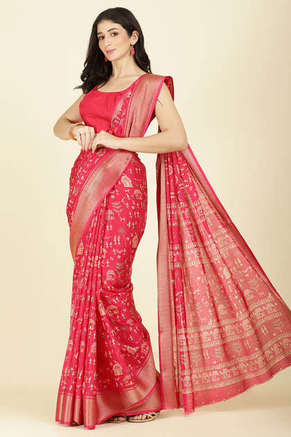 Raspberry Cotton Silk Printed Saree