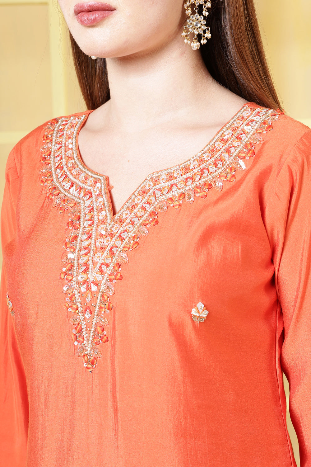 Orange Chanderi Silk Neck-Embroidered Suits