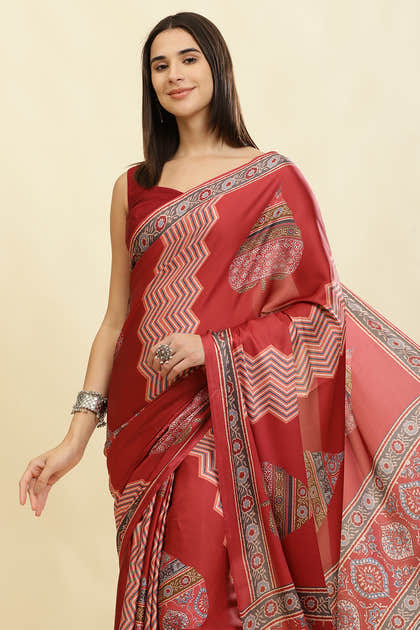 Maroon Crepe Printed Saree