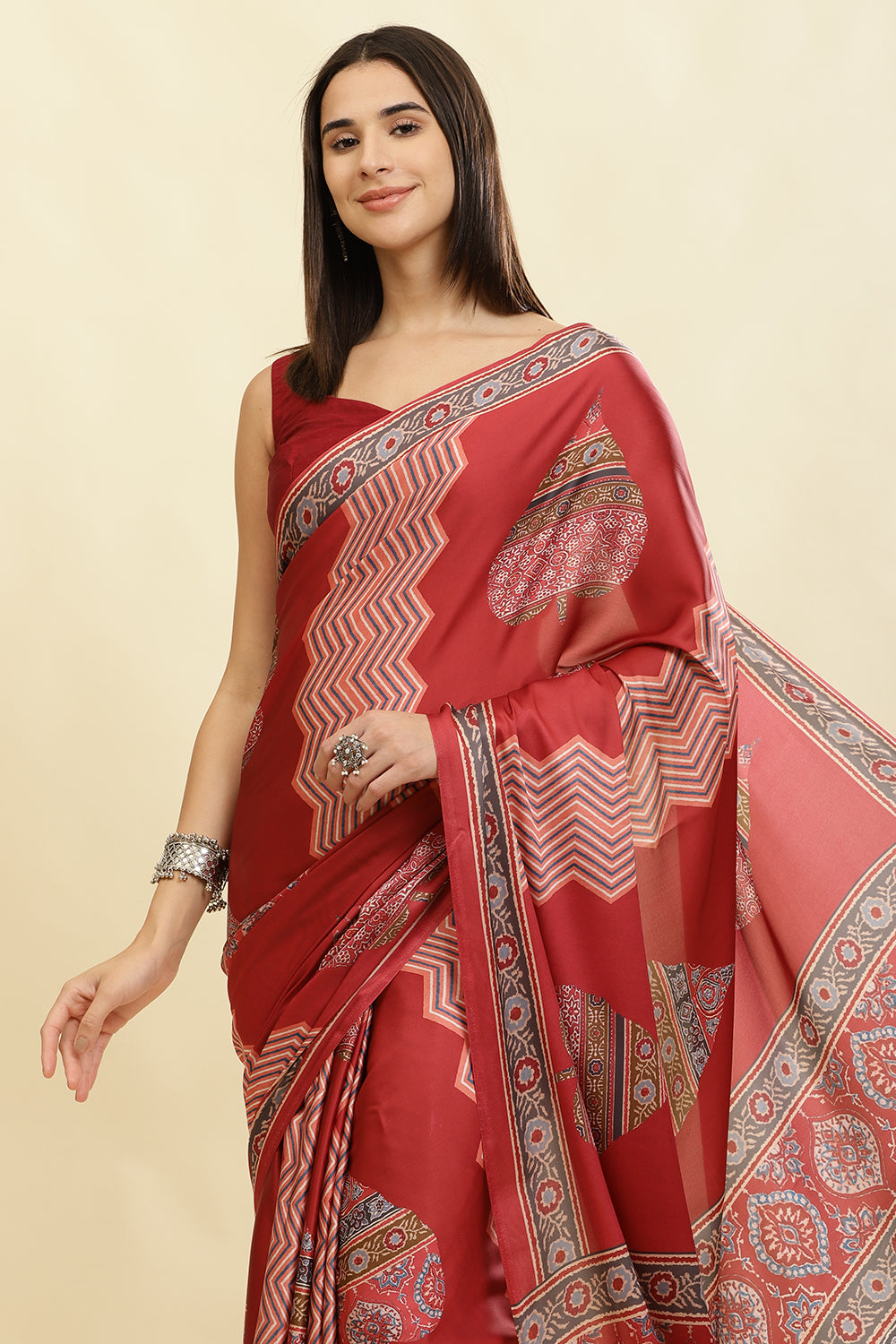 Maroon Crepe Printed Saree