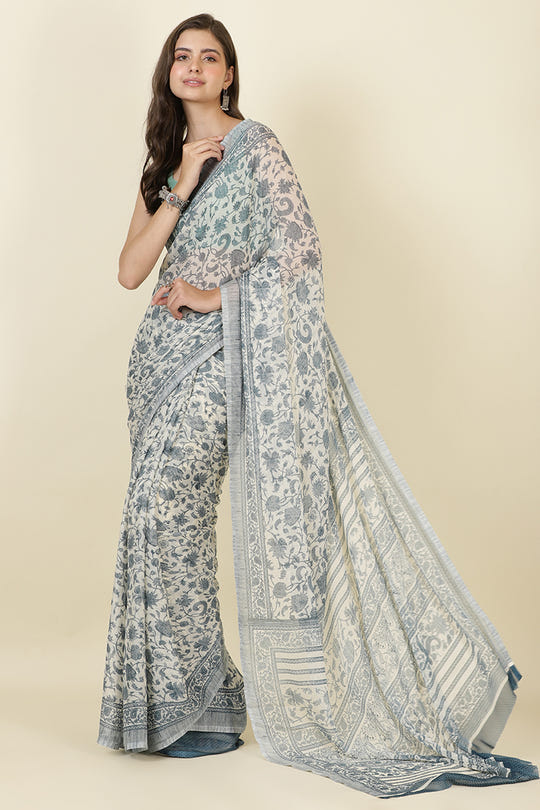 White & Blue Georgette Floral Printed Saree