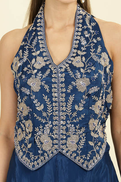 Blue Crepe Silk Emboridered Crop-Top With Palazzo Indo-Western Co-ord Set