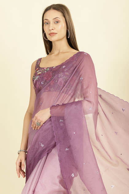 Ombre Mauve Organza Saree With Mirror Work