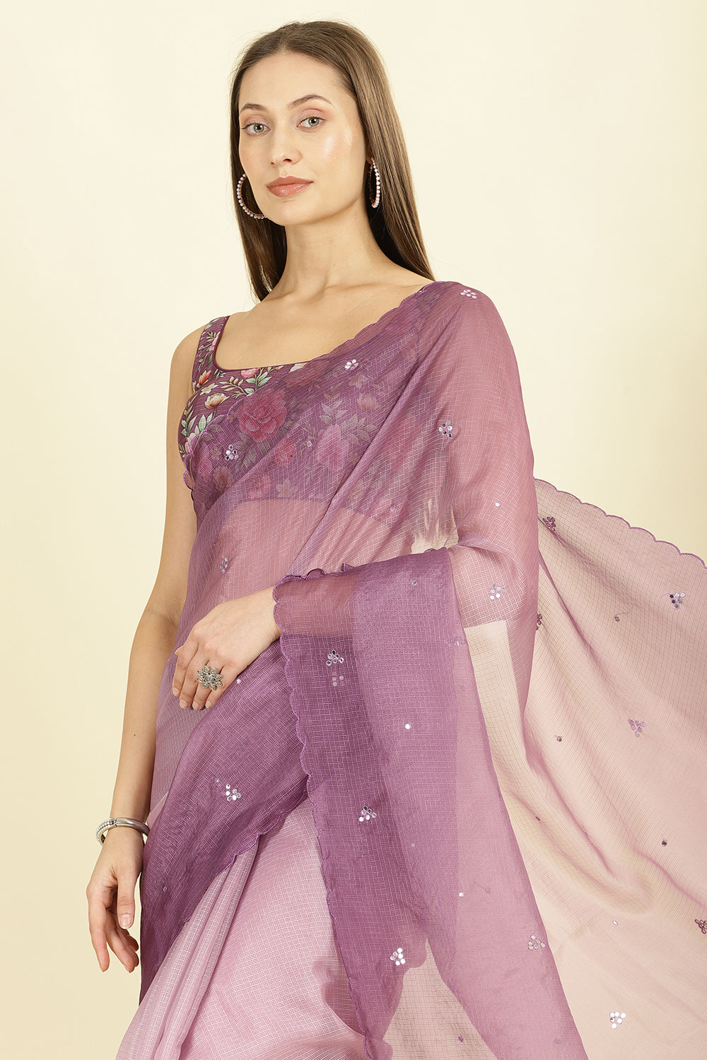 Ombre Mauve Organza Saree With Mirror Work