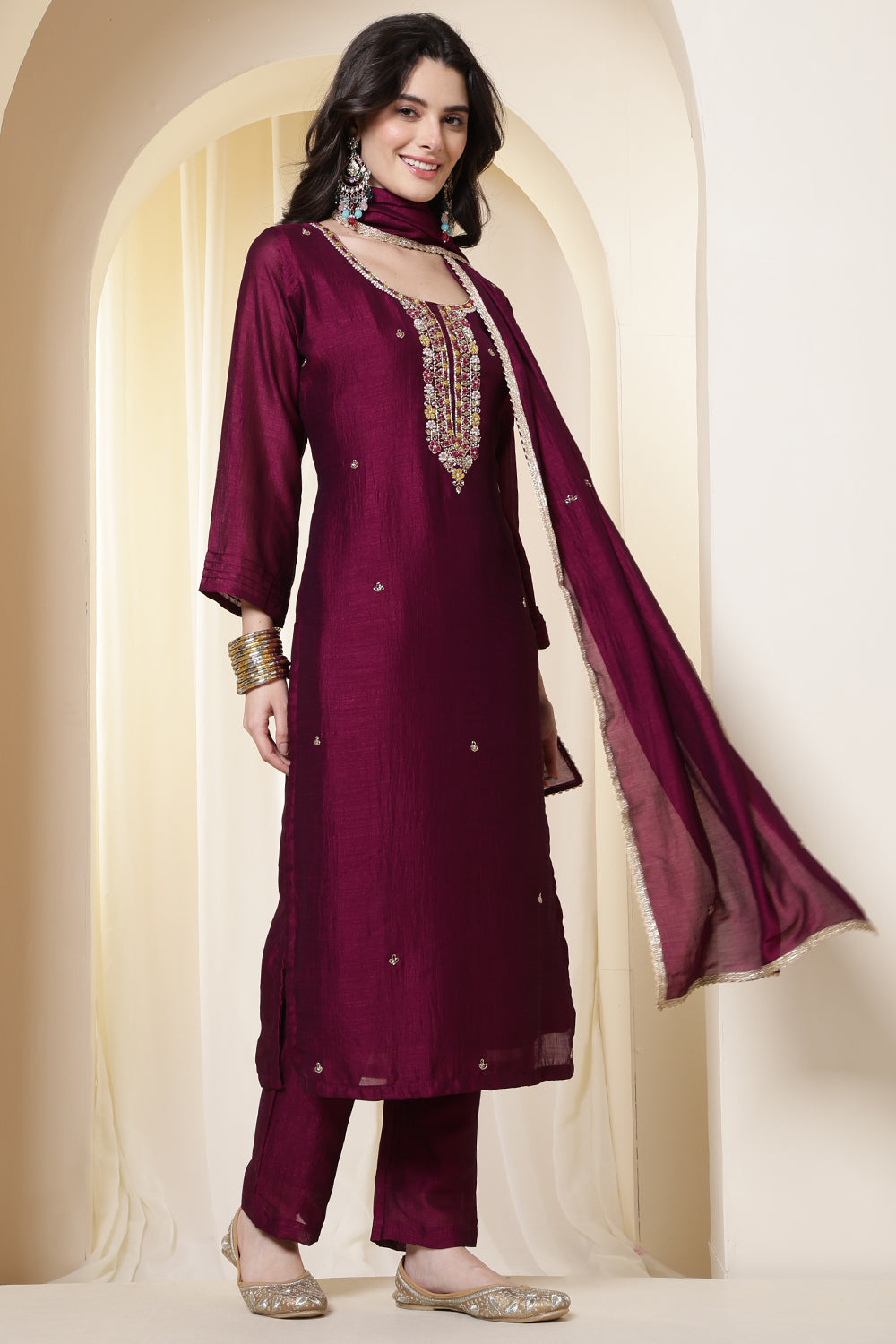 Dark Scarlet Chinone Silk Neck-Embroidered Suit Set
