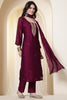 Dark Scarlet Chinone Silk Neck-Embroidered Suit Set