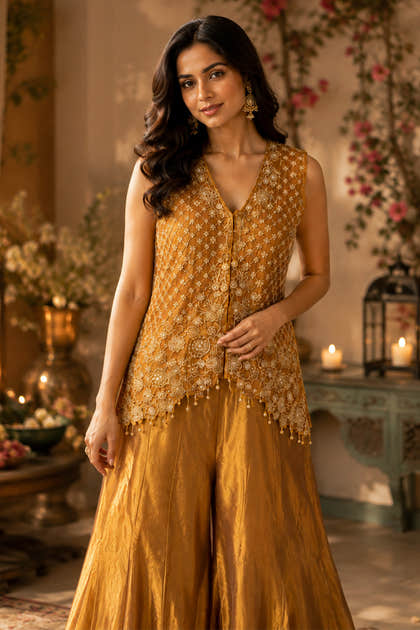 Brown Shimmer Fabric Embroidered Crop Top With Sharara Dress