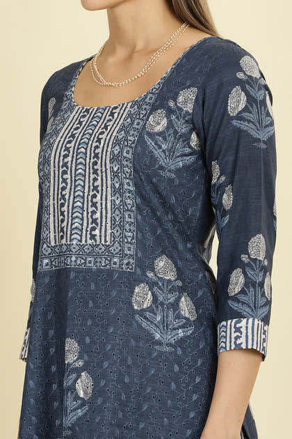 Blue Cotton Hacoba Style Printed Unstitched Suit Material