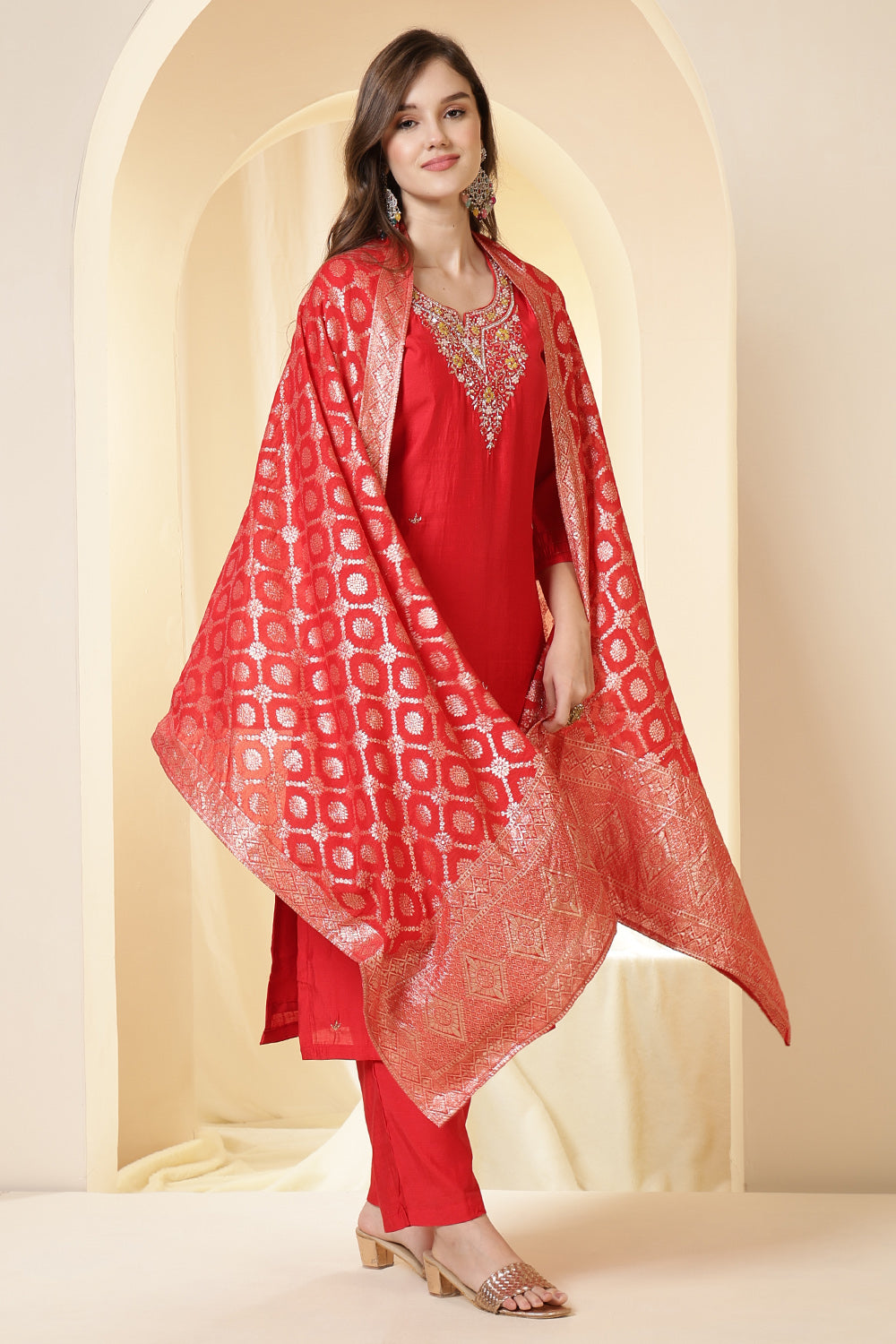 Red Color Silk Neck Embroidered Suit Set