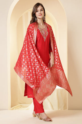 Red Color Silk Neck Embroidered Suit Set