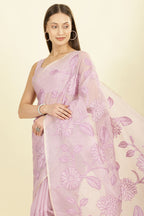 Lavender Cotton Floral Resham Embroidered Saree