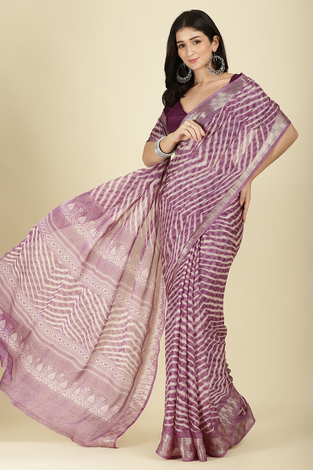 Dusky Purple Color Chiffon Leheriya Printed Saree