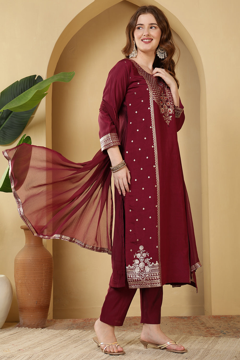 Burgundy Color Cotton Silk Printed & Neck Embroidered Suit