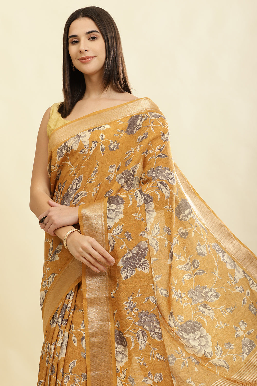 Mustard Cotton Silk Floral Printed & Zari Border Saree