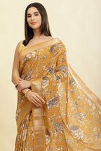 Mustard Cotton Silk Floral Printed & Zari Border Saree