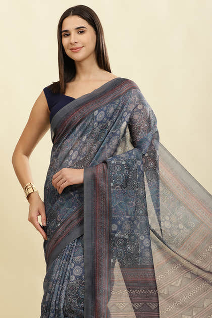 Grey & Blue Cotton Silk Printed Saree