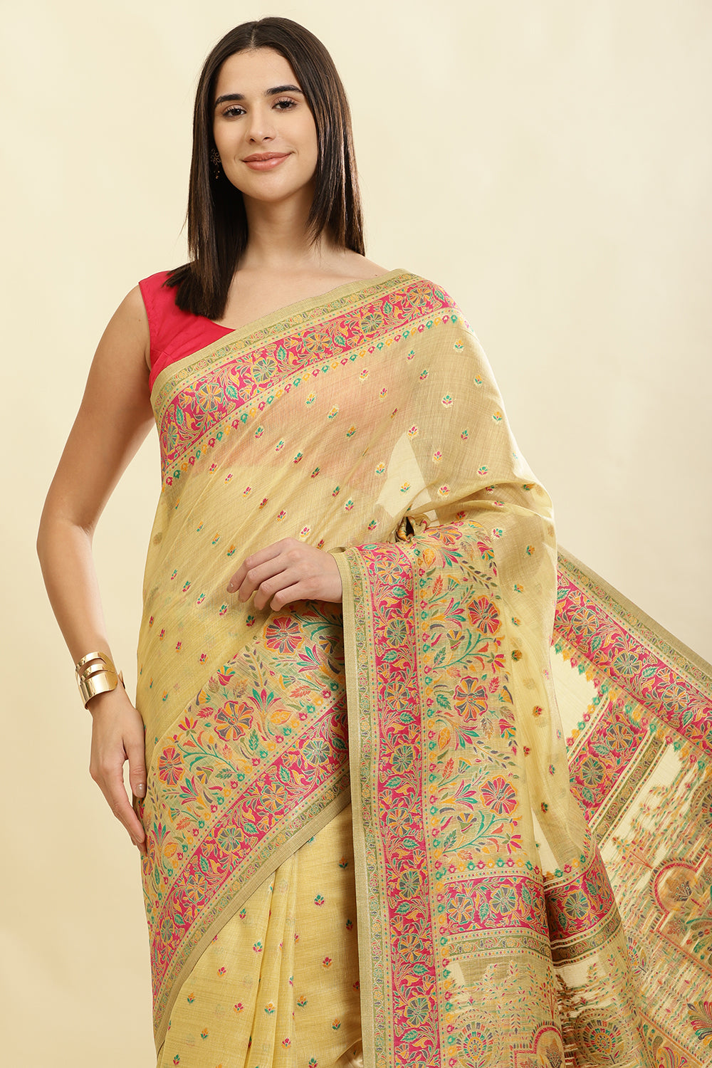 Light Mustard Chanderi Cotton kashida Weaves Saree
