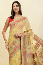 Light Mustard Chanderi Cotton kashida Weaves Saree