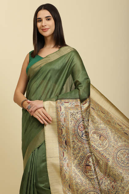 Green Color Cotton Silk Madhubani Print Saree
