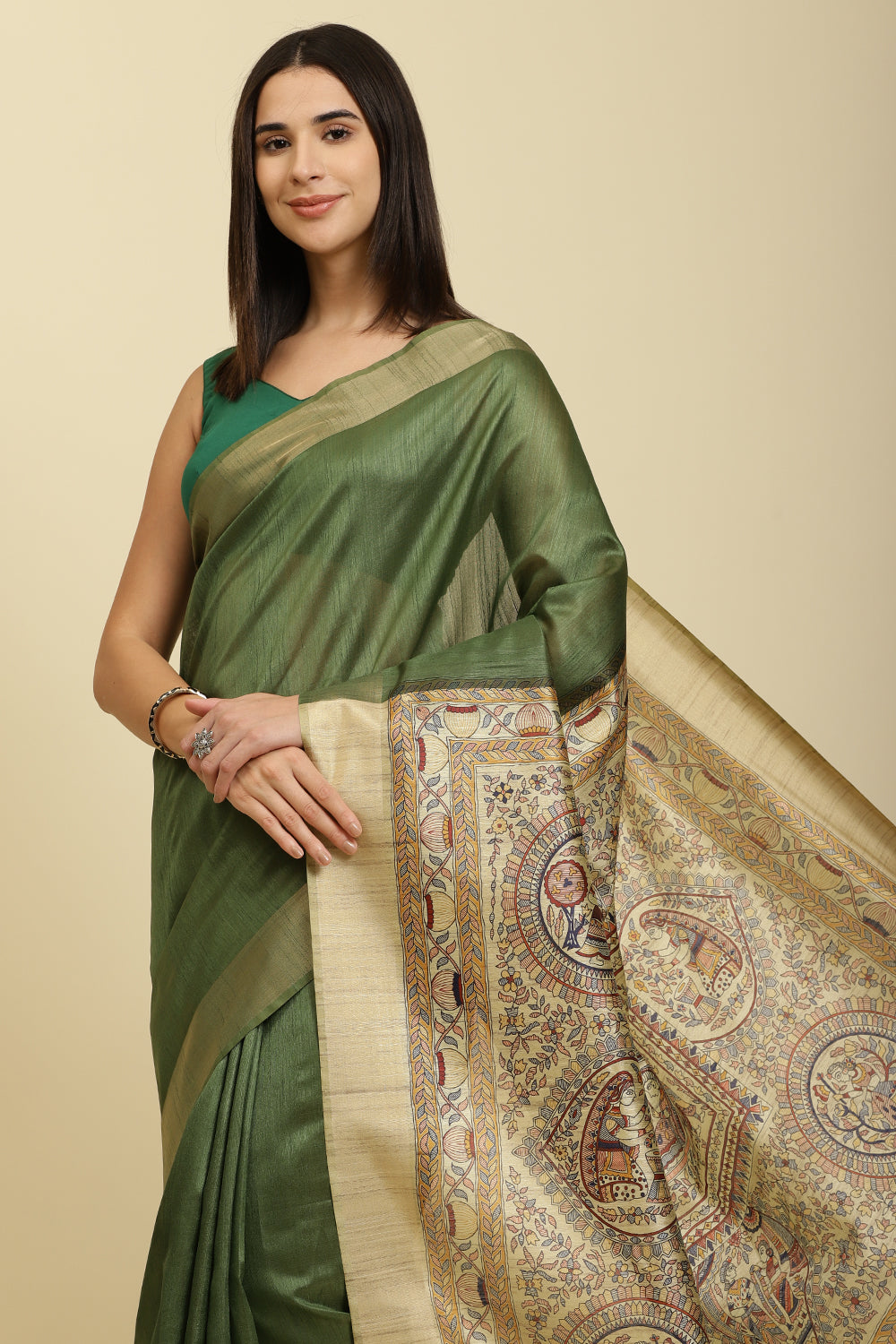 Green Color Cotton Silk Madhubani Print Saree