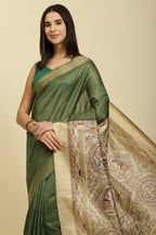 Green Color Cotton Silk Madhubani Print Saree