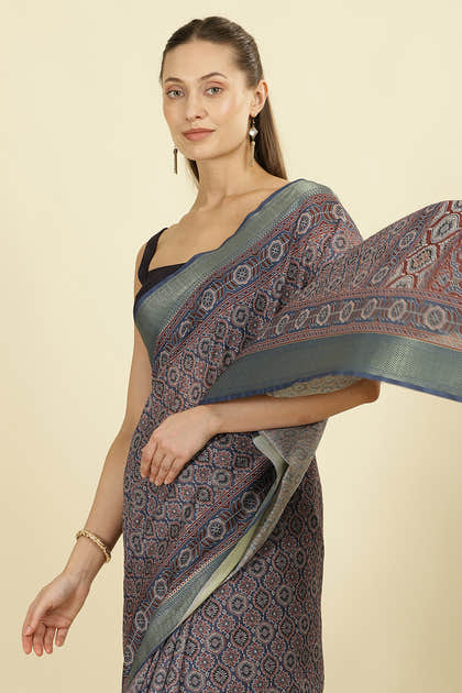 Blue Ajrakh Block Printed Cotton Saree