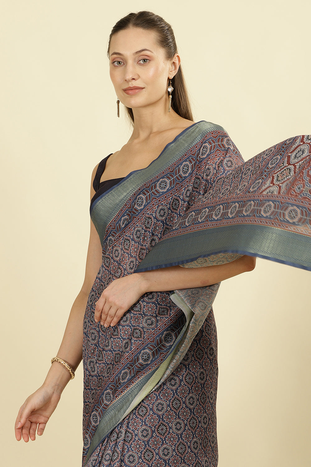 Blue Ajrakh Block Printed Cotton Saree