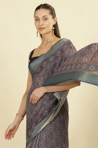 Blue Ajrakh Block Printed Cotton Saree