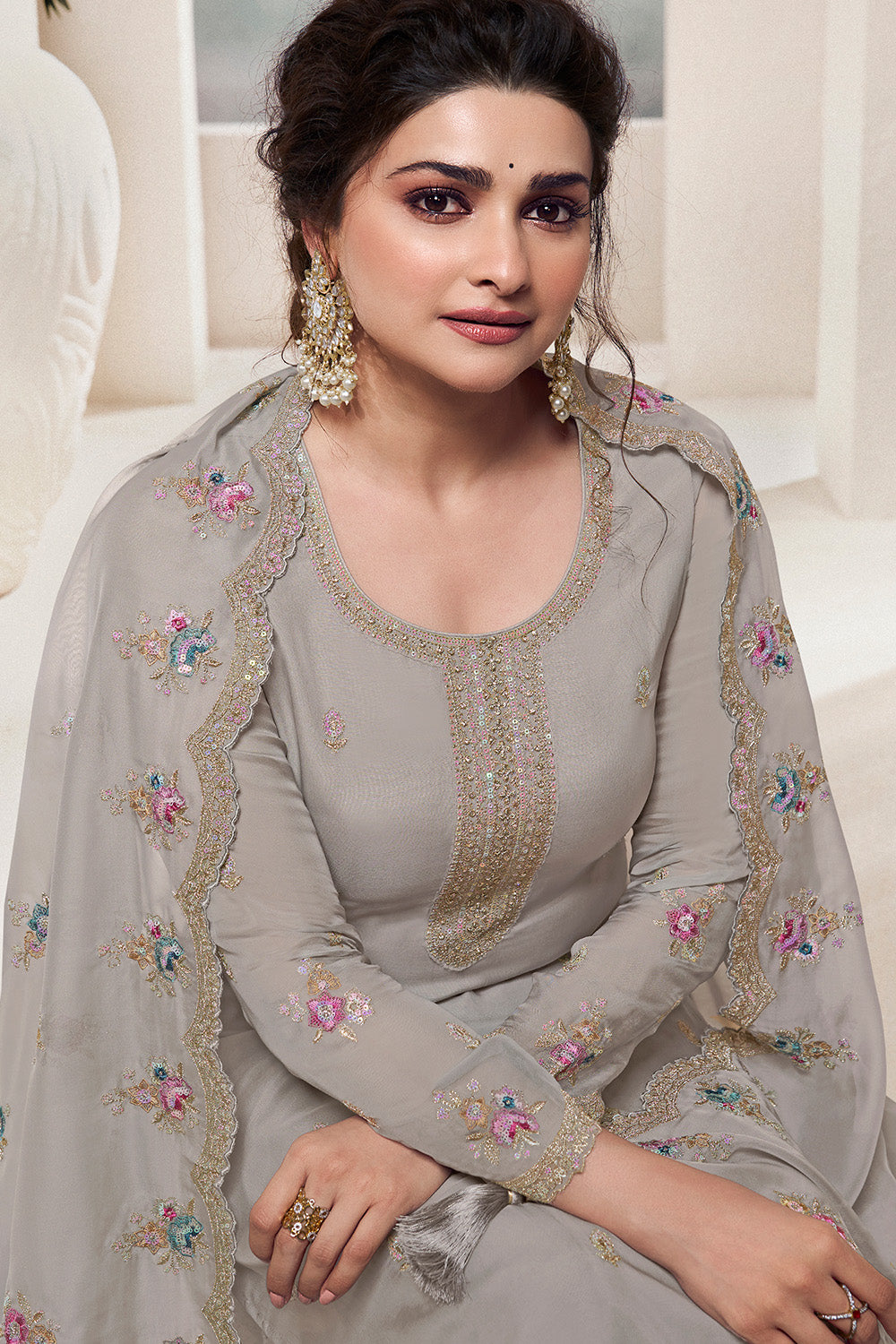 Grey Color Organza Embroidered Unstitched Suit Material
