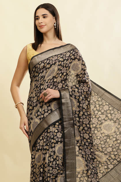Black Floral Printed & Zari Border Cotton Silk Saree