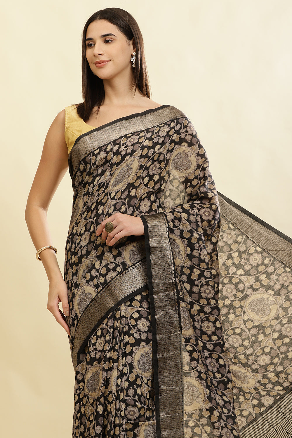 Black Floral Printed & Zari Border Cotton Silk Saree