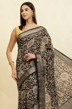 Black Floral Printed & Zari Border Cotton Silk Saree