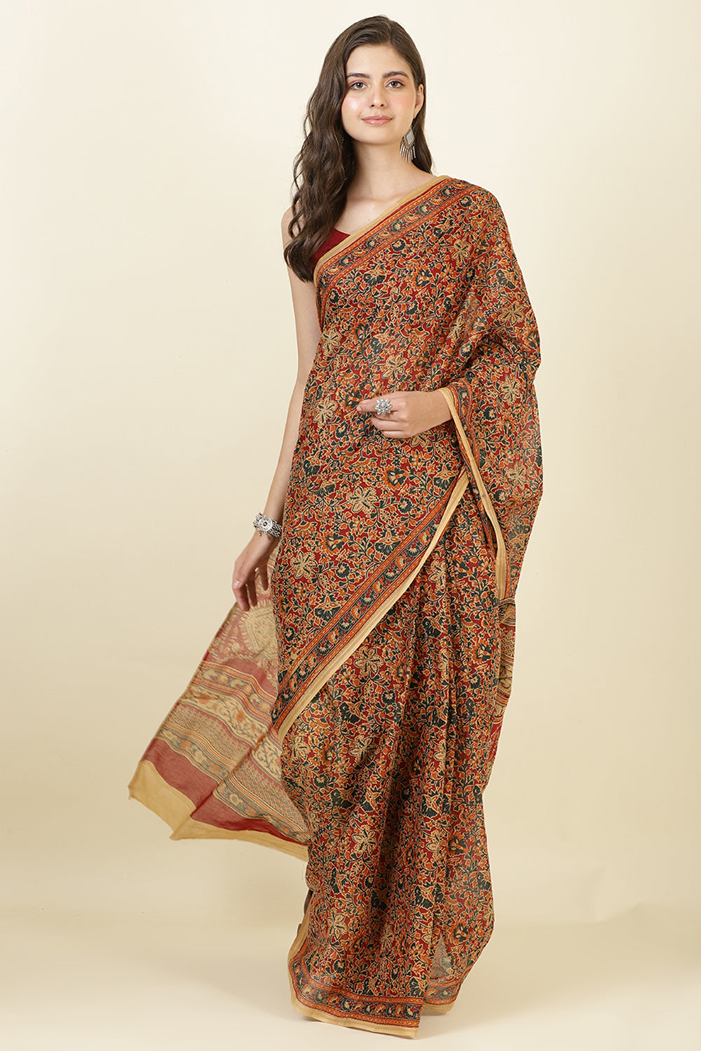 Maroon Kalamkari Printed Cotton Saree